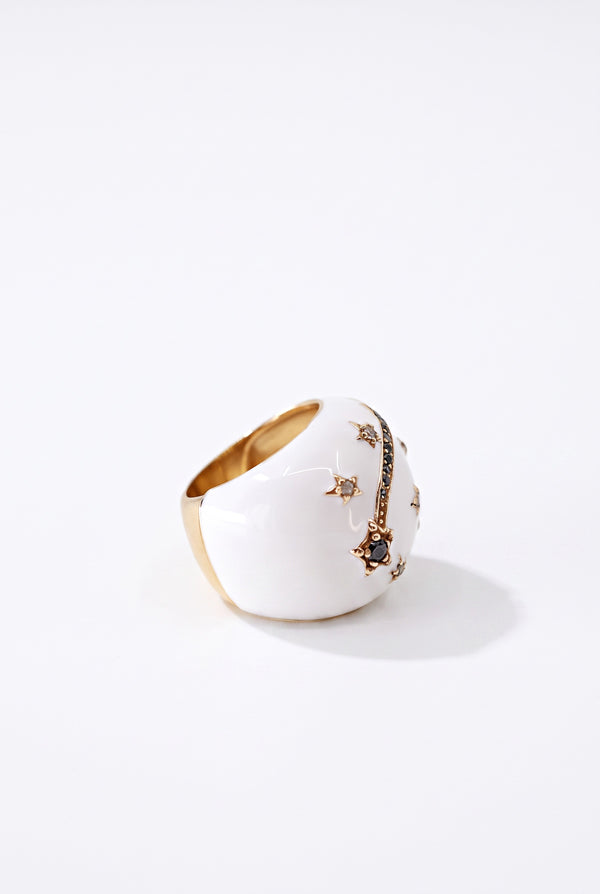 White Enamel Cocktail Ring Black Diamond Star