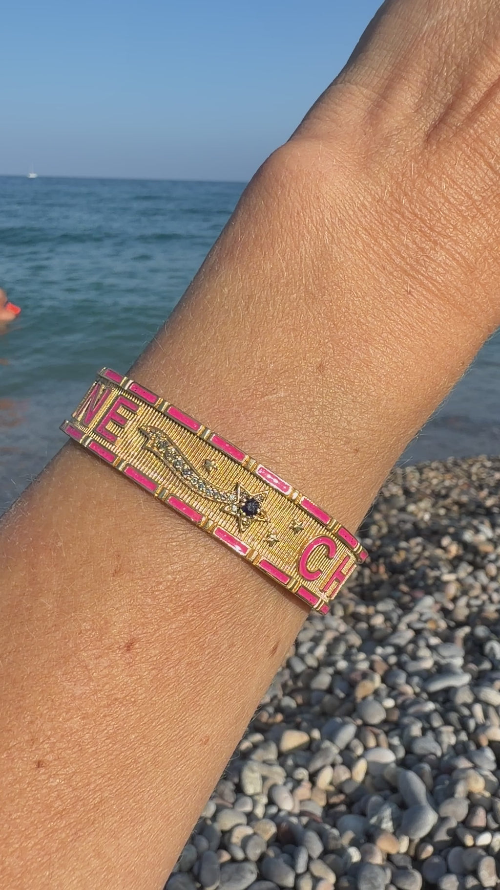 Pink Enamel Cuff Blue Sapphire Bracelet Diamond