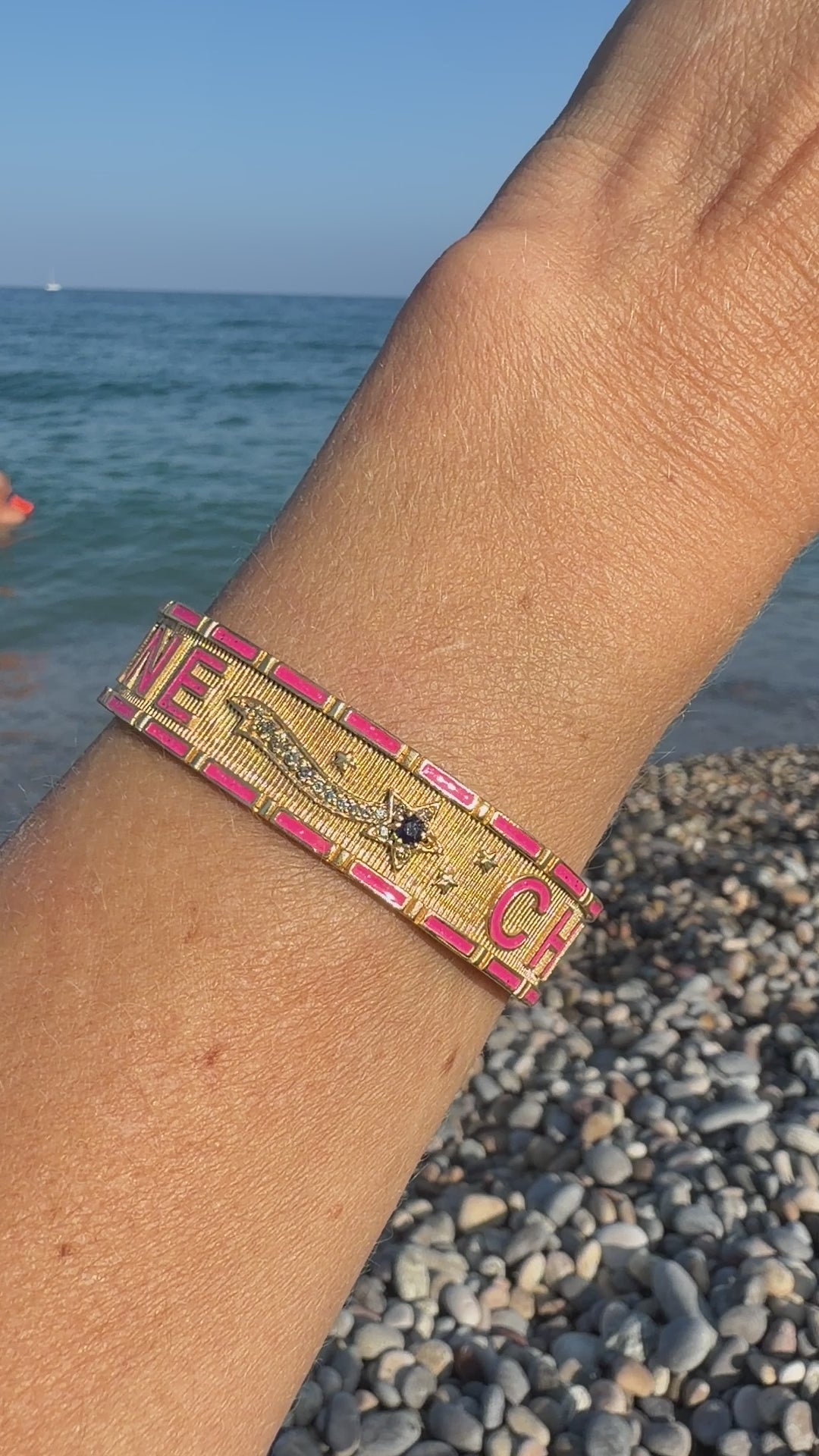 Pink Enamel Cuff Blue Sapphire Bracelet Diamond