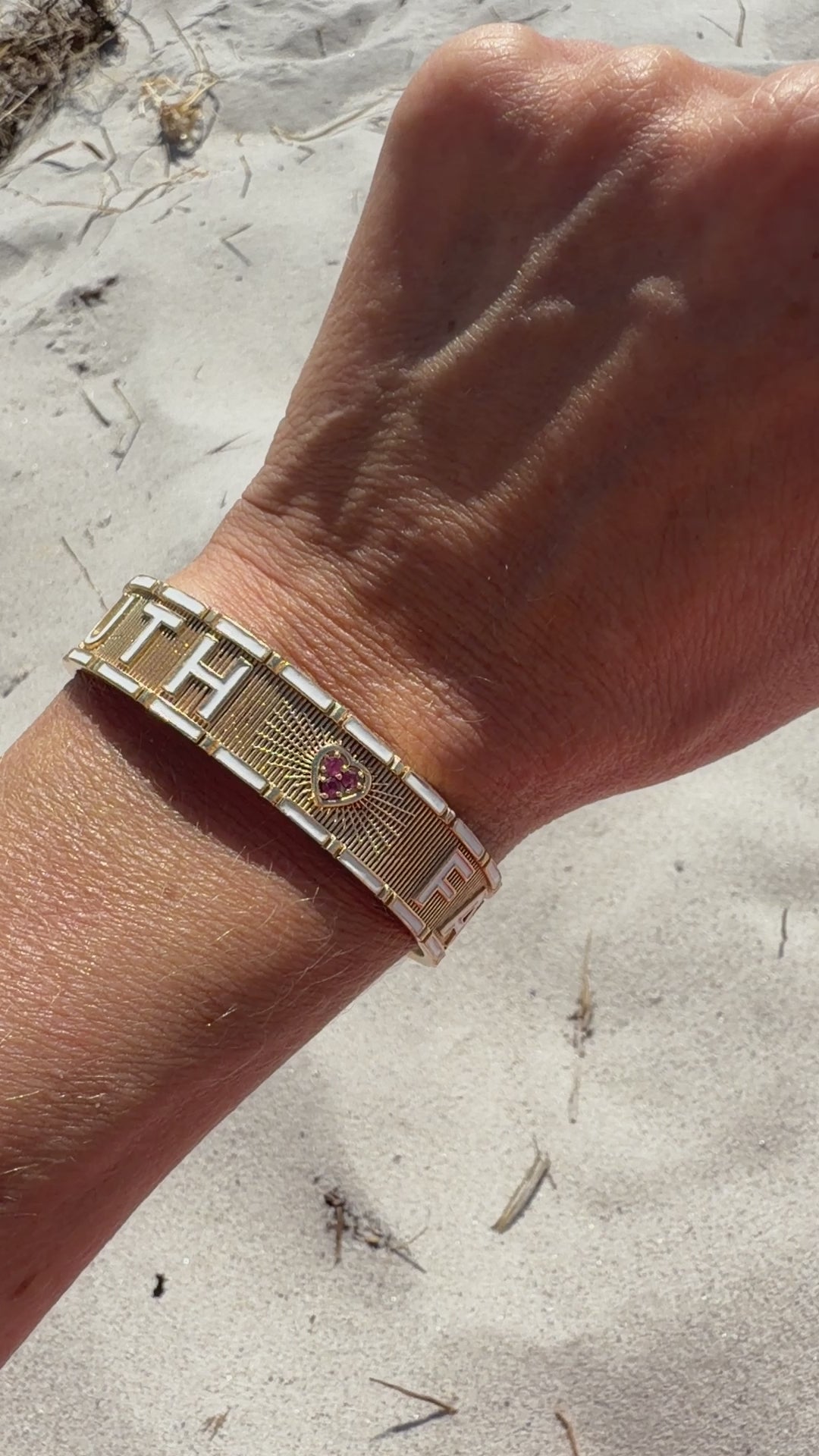 White Enamel Cuff Ruby Heart Bracelet Truth Faith
