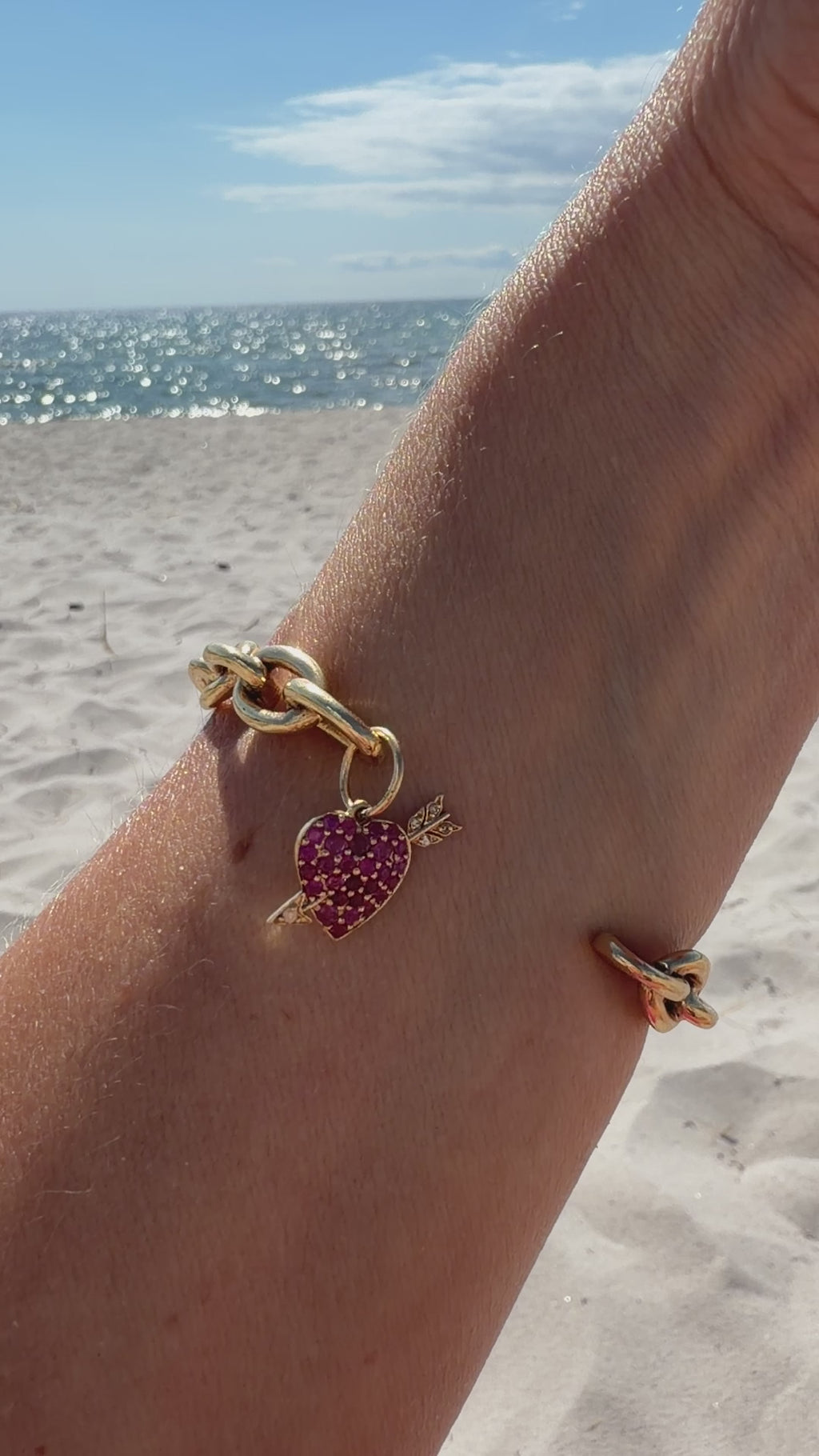 Cupid Heart Cuff  Ruby Charm Bracelet